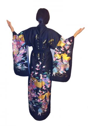 Кимоно "Принцесса Хэйан" из хлопка ручной печати длинное. 